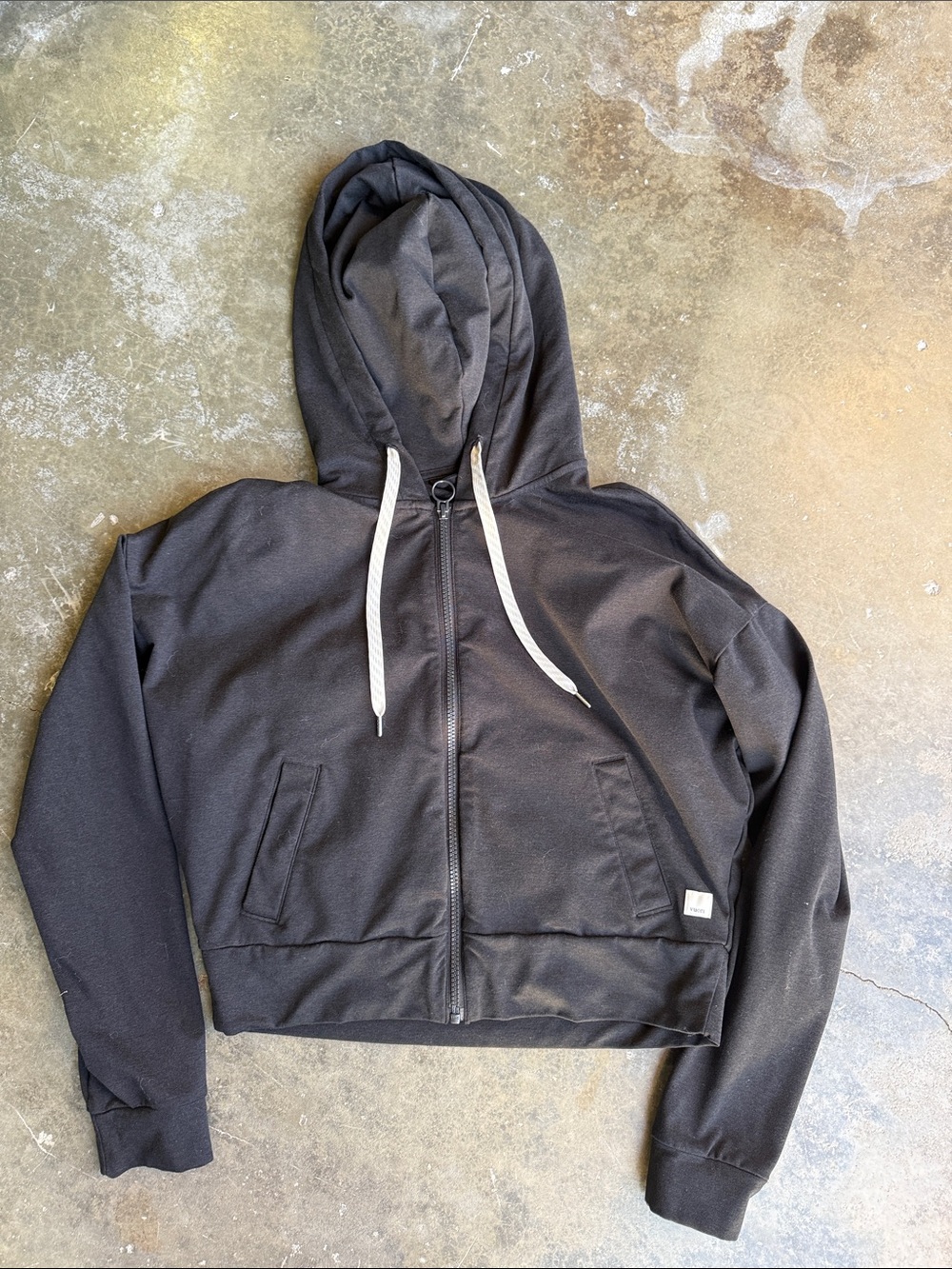 Vuori Black Zip-Up Hooded zipup Jacket with White Drawstrings
